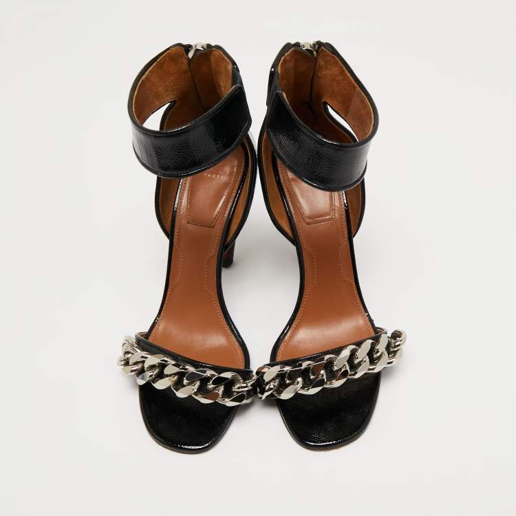 Pre Owned Givenchy Black Leather Chain Embellished Ankle Strap Sandals Size 37.5