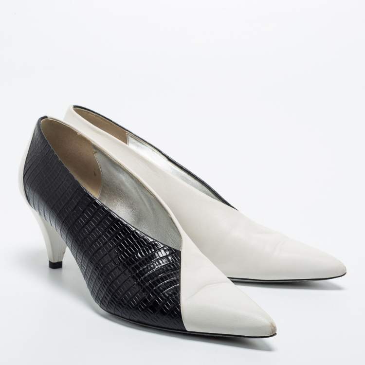 Pre Owned Givenchy Black/White Croc Embossed and  Leather Pointed Toe Pumps Size 37