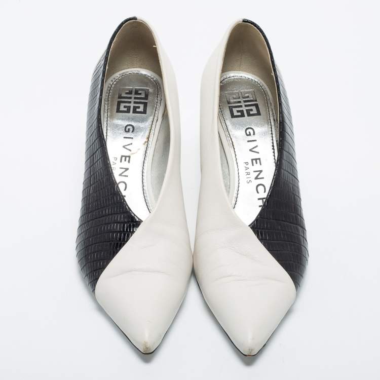 Pre Owned Givenchy Black/White Croc Embossed and  Leather Pointed Toe Pumps Size 37