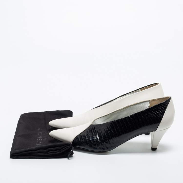 Pre Owned Givenchy Black/White Croc Embossed and  Leather Pointed Toe Pumps Size 37