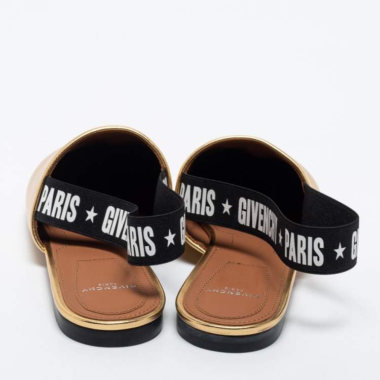 Pre Owned Givenchy Gold Leather Rivington Logo Slingback Flat Mules Size 37