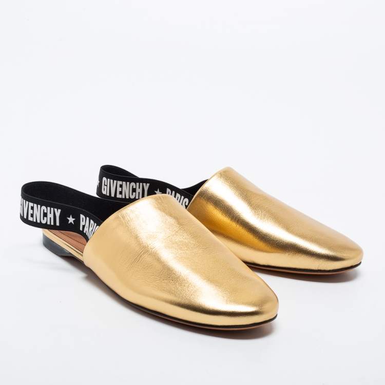Pre Owned Givenchy Gold Leather Rivington Logo Slingback Flat Mules Size 37