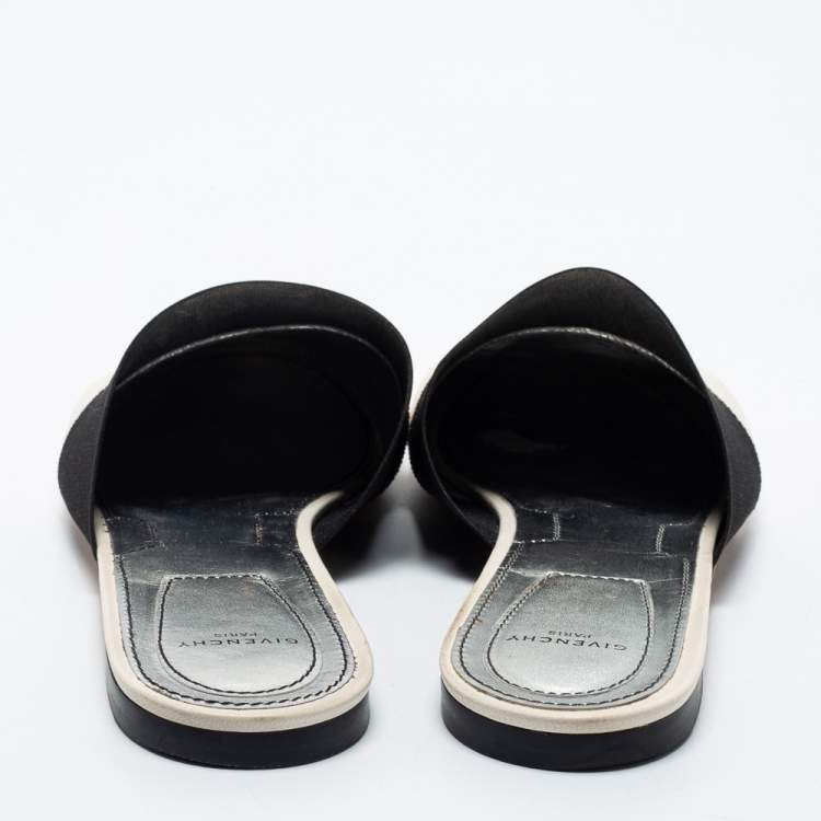 Pre Owned Givenchy Black/White Leather and Fabric Bedford Flat Mules Size 41