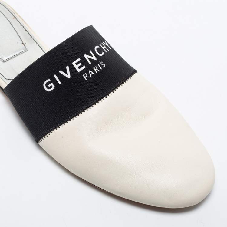 Pre Owned Givenchy Black/White Leather and Fabric Bedford Flat Mules Size 41