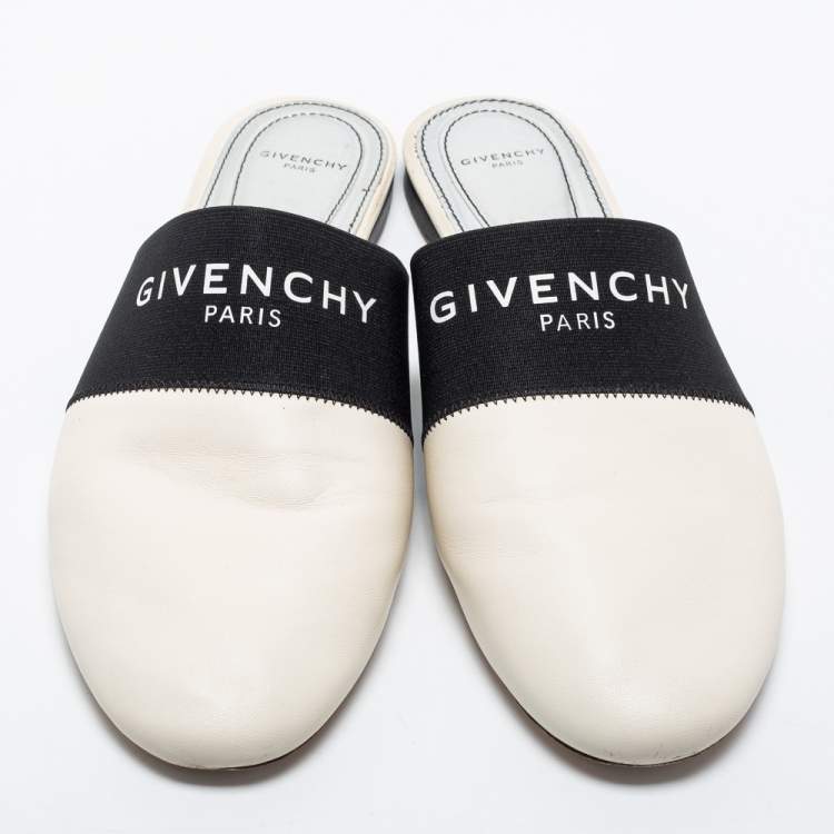 Pre Owned Givenchy Black/White Leather and Fabric Bedford Flat Mules Size 41