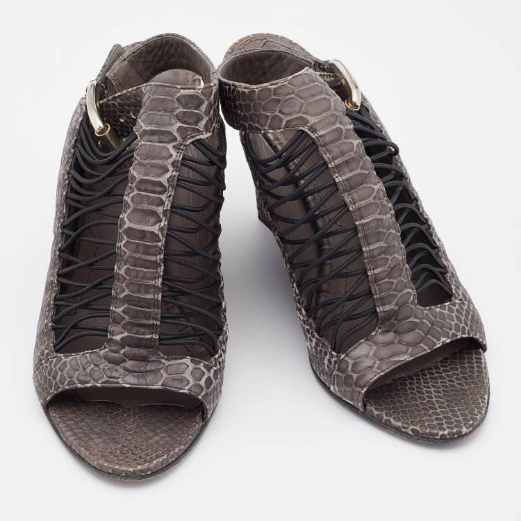 Pre Owned Givenchy Grey Python Embossed Leather Wedge Ankle Strap Sandals Size 37.5