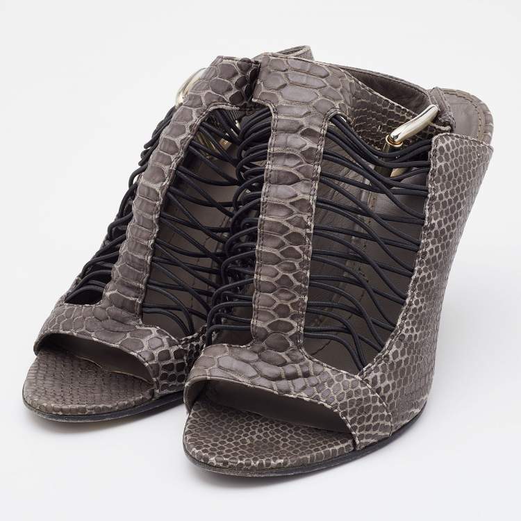Pre Owned Givenchy Grey Python Embossed Leather Wedge Ankle Strap Sandals Size 37.5