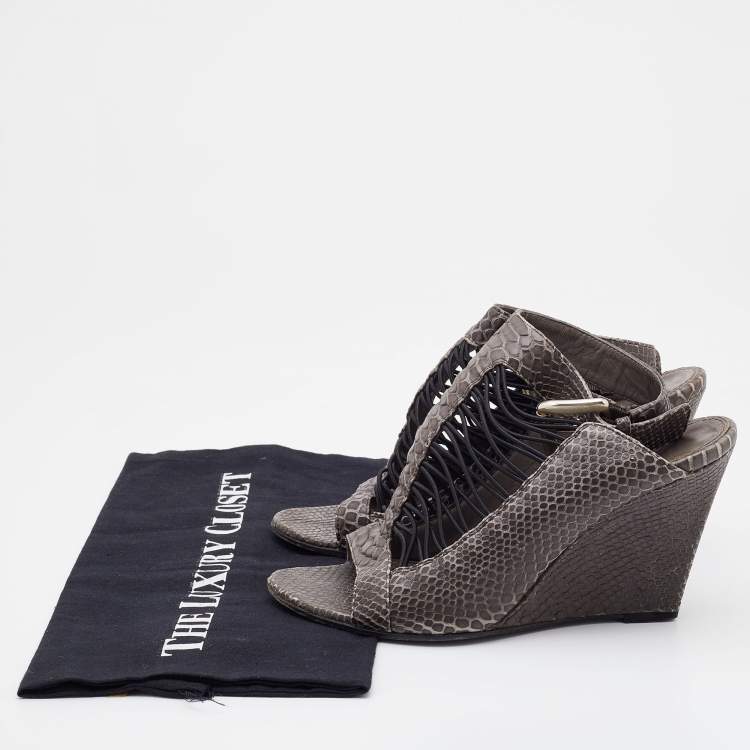 Pre Owned Givenchy Grey Python Embossed Leather Wedge Ankle Strap Sandals Size 37.5