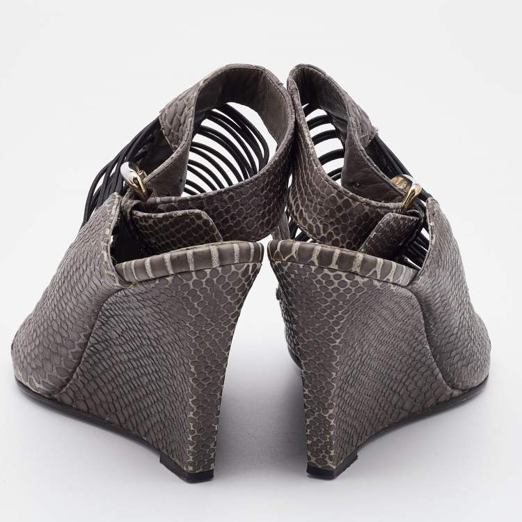 Pre Owned Givenchy Grey Python Embossed Leather Wedge Ankle Strap Sandals Size 37.5