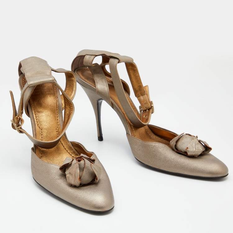 Pre Owned Givenchy Gold Leather Ankle Strap Pumps Size 38