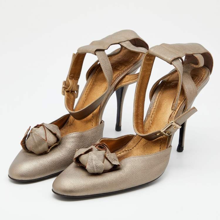 Pre Owned Givenchy Gold Leather Ankle Strap Pumps Size 38