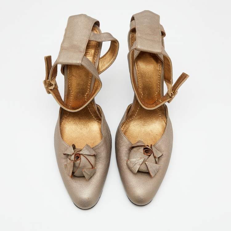 Pre Owned Givenchy Gold Leather Ankle Strap Pumps Size 38