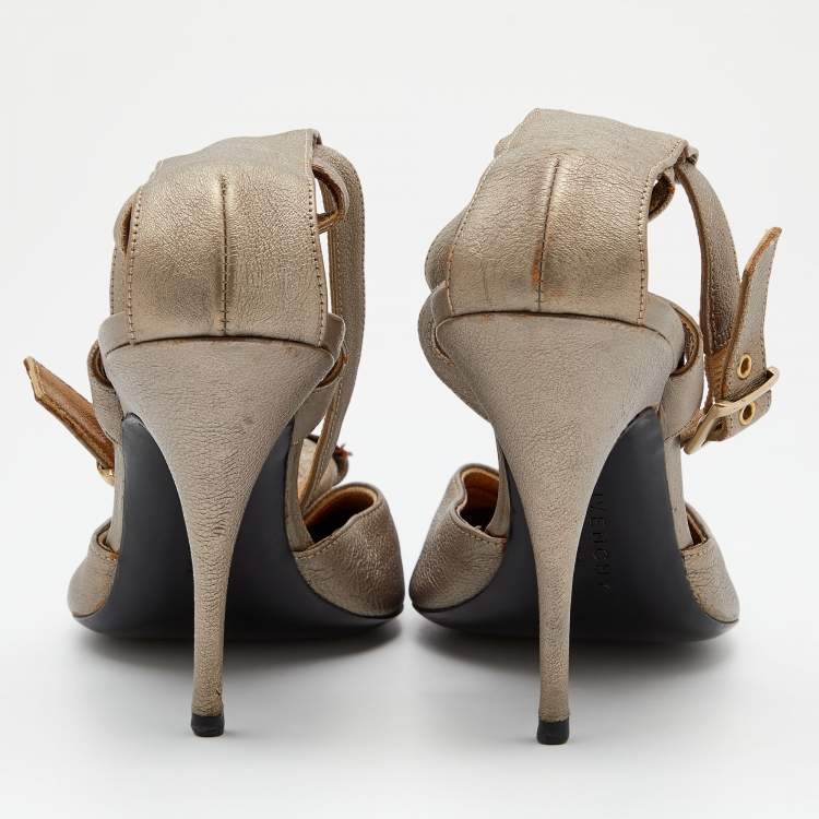 Pre Owned Givenchy Gold Leather Ankle Strap Pumps Size 38