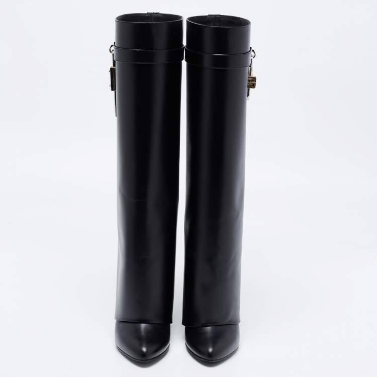 Pre Owned Givenchy Black Leather Shark Lock Wedge Knee High Boots Size 38