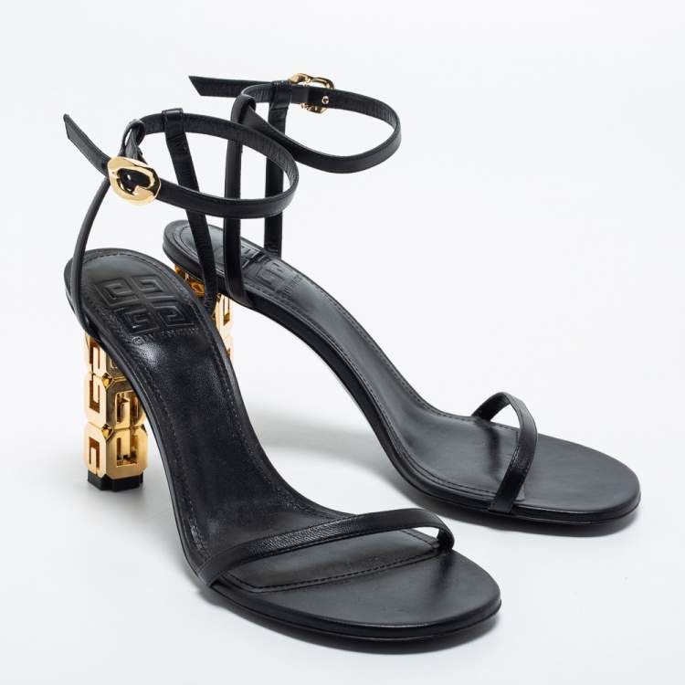 مملوكة مسبقًا Givenchy Black Leather G Cube Heel Ankle Strap Sandals Size 39