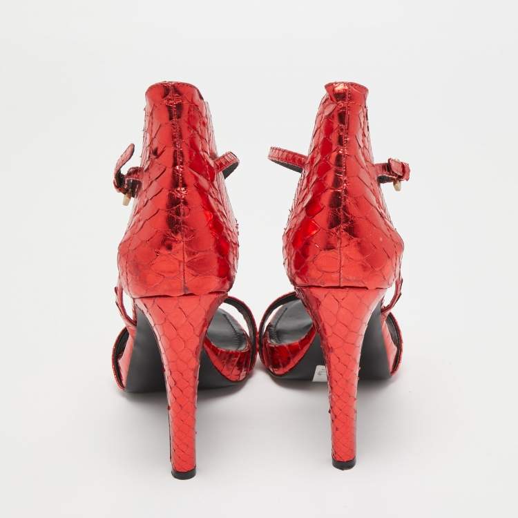 Pre Owned Givenchy Metallic Red Python Leather Ankle Strap Sandals Size 39