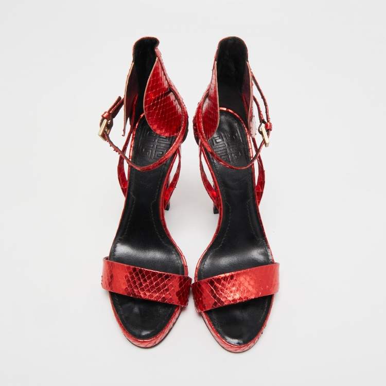 Pre Owned Givenchy Metallic Red Python Leather Ankle Strap Sandals Size 39