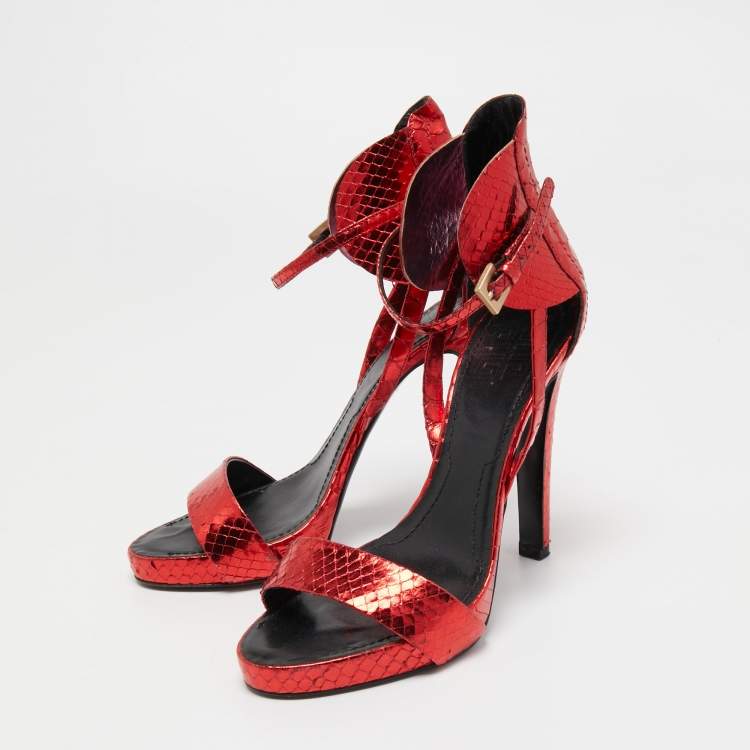 LOUIS VUITTON Red Satin Bow Exotic Peep Toe High Heel Sandals Lock