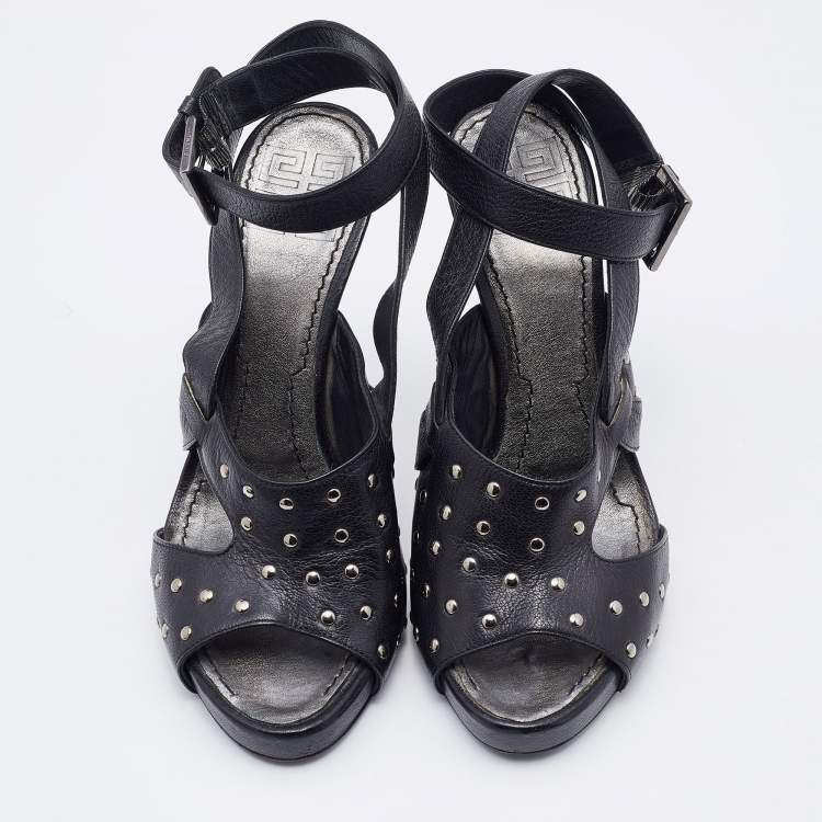 Pre Owned Givenchy Black Leather Studded Ankle Strap Sandals Size 37