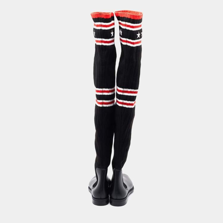 Pre Owned Givenchy Black Knit Fabric and Rubber Storm Over The Knee Boots Size 39