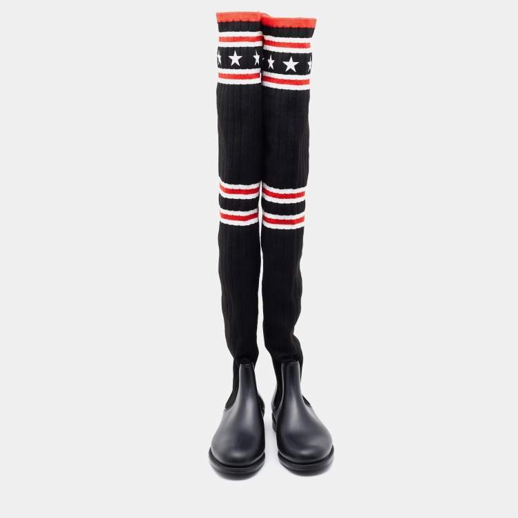 Pre Owned Givenchy Black Knit Fabric and Rubber Storm Over The Knee Boots Size 39