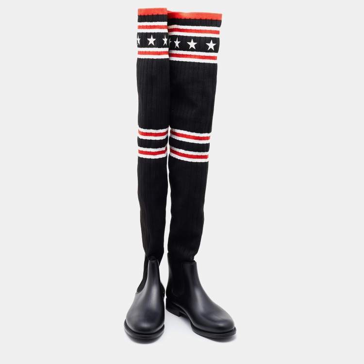 Pre Owned Givenchy Black Knit Fabric and Rubber Storm Over The Knee Boots Size 39