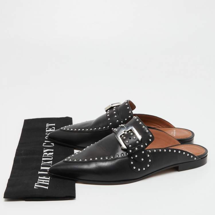 Pre Owned Givenchy Black Studded Leather Buckle Logo Detail Flat Mules Size 36