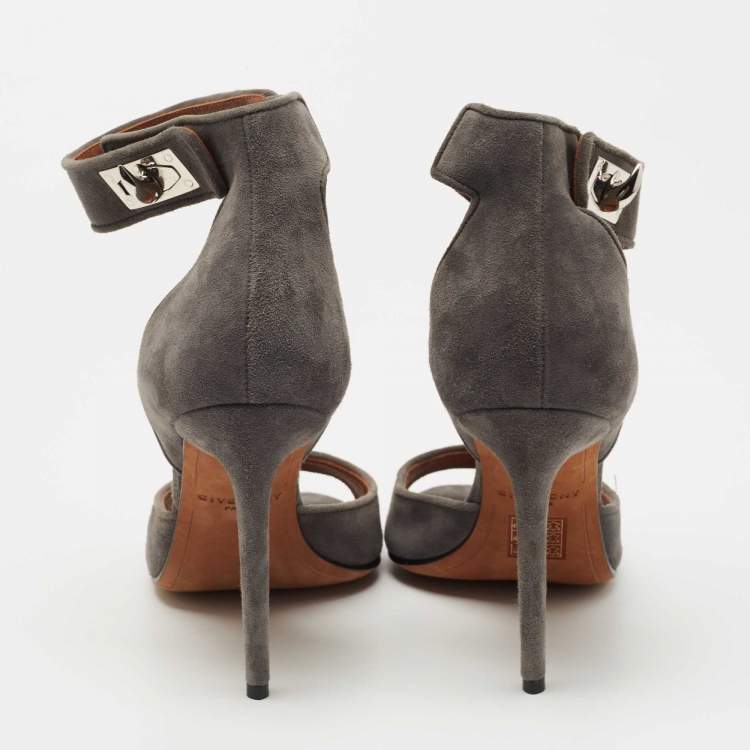 Pre Owned Givenchy Grey Suede Shark Tooth Lock Ankle Strap Sandals Size 37.5