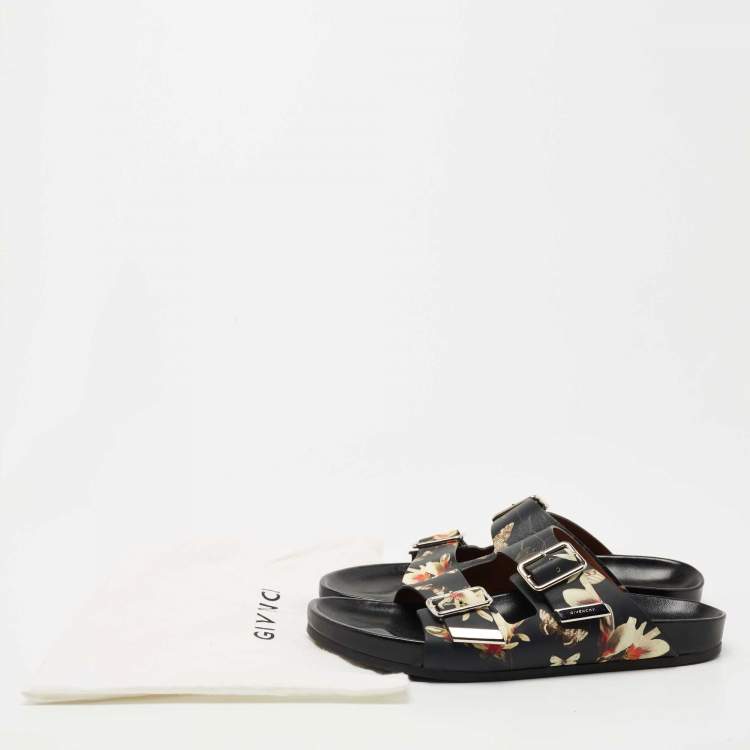 Pre Owned Givenchy Black Leather Floral Print Double Buckle Flat Slides Size 40  