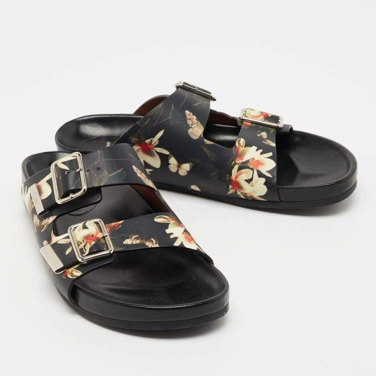 Pre Owned Givenchy Black Leather Floral Print Double Buckle Flat Slides Size 40  