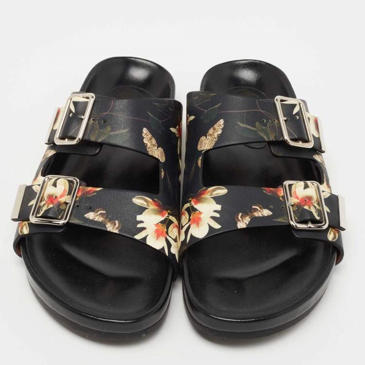 Pre Owned Givenchy Black Leather Floral Print Double Buckle Flat Slides Size 40  