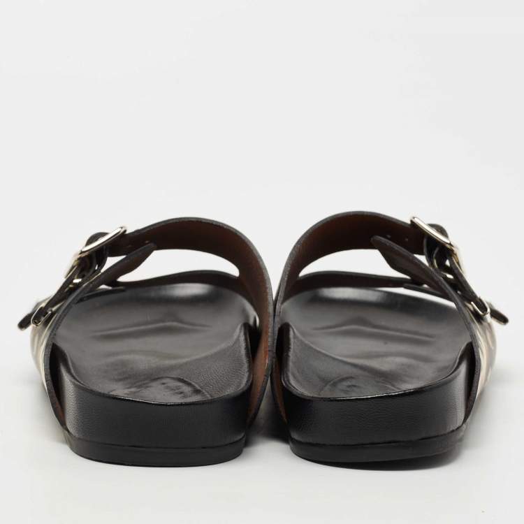 Pre Owned Givenchy Black Leather Floral Print Double Buckle Flat Slides Size 40  
