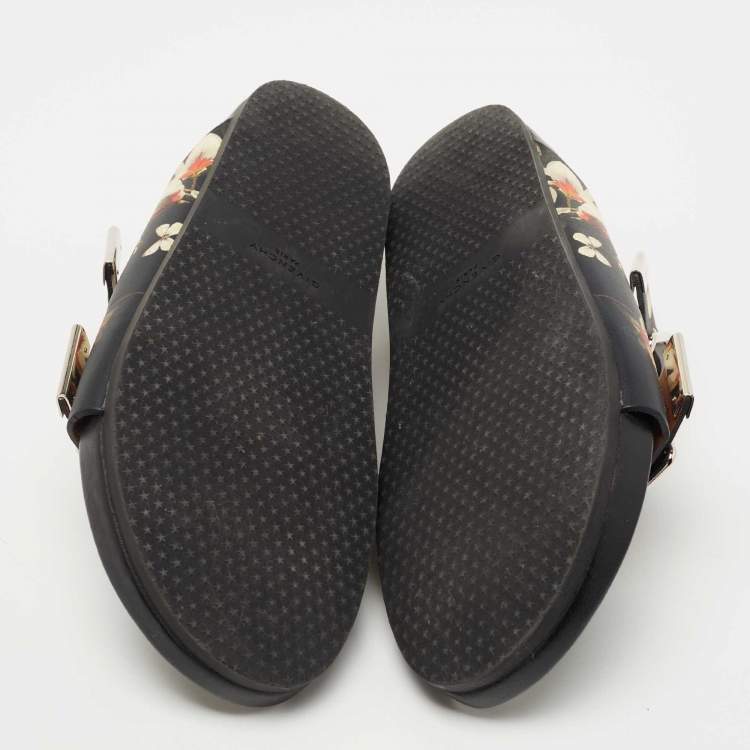 Pre Owned Givenchy Black Leather Floral Print Double Buckle Flat Slides Size 40  