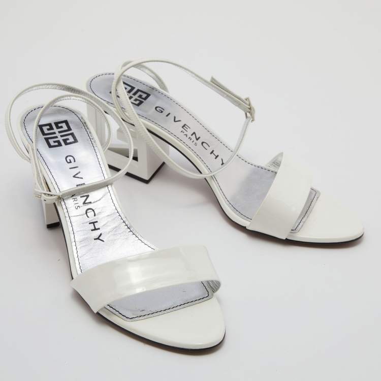Pre Owned Givenchy White Patent Leather Triangle Ankle Strap Sandals Size 39.5