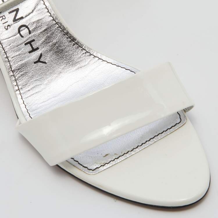Pre Owned Givenchy White Patent Leather Triangle Ankle Strap Sandals Size 39.5