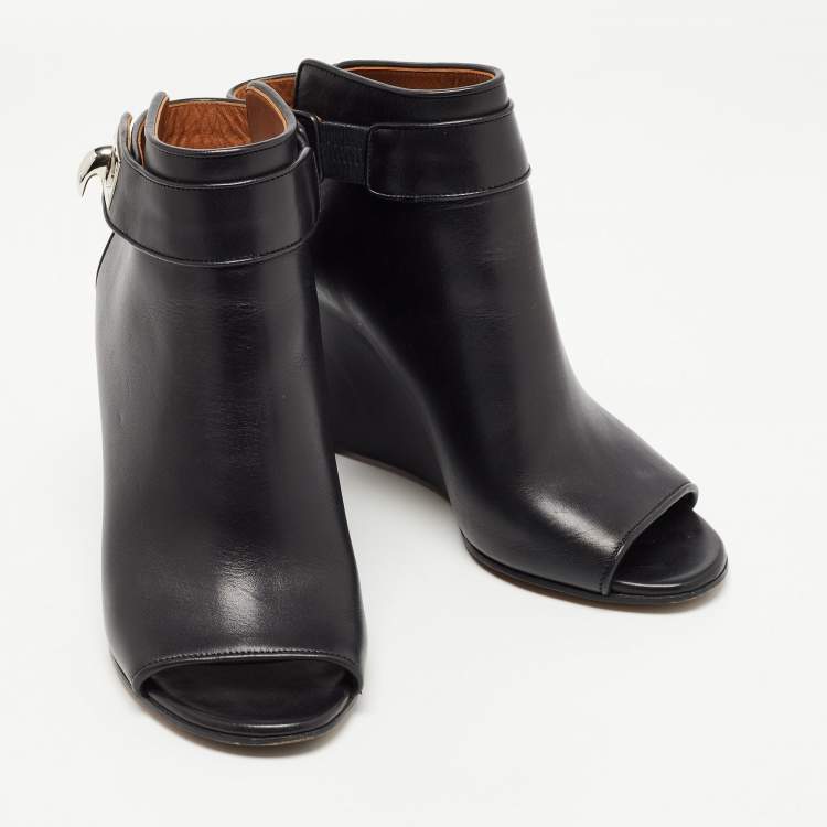 Pre Owned Givenchy Black Leather Shark Lock Peep Toe Booties Size 36