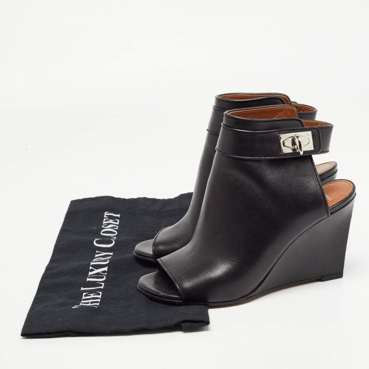 Pre Owned Givenchy Black Leather Shark Lock Peep Toe Booties Size 36