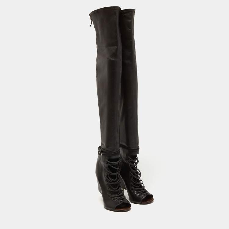 Pre Owned Givenchy Black Leather Lace Up Knee Length Boots Size 38