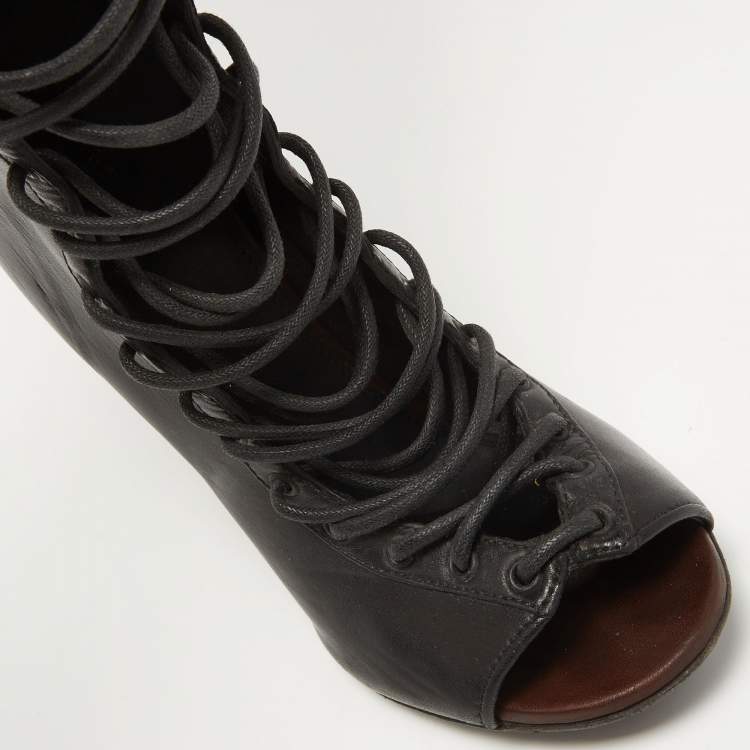 Pre Owned Givenchy Black Leather Lace Up Knee Length Boots Size 38
