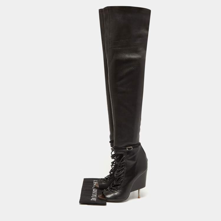 Pre Owned Givenchy Black Leather Lace Up Knee Length Boots Size 38