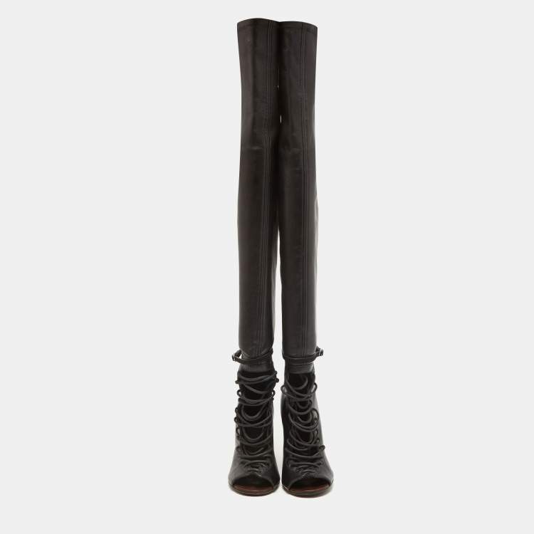 Pre Owned Givenchy Black Leather Lace Up Knee Length Boots Size 38