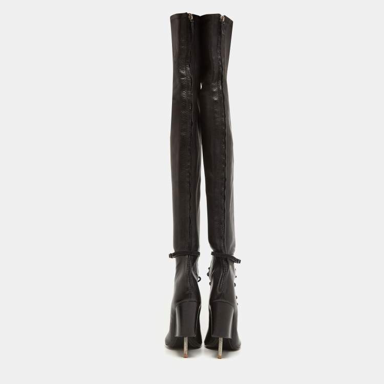 Pre Owned Givenchy Black Leather Lace Up Knee Length Boots Size 38