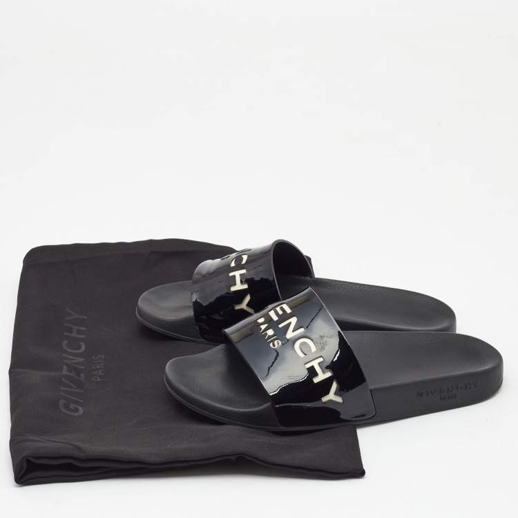 Pre Owned Givenchy Black Patent Leather Logo Cut Out Slides Size 36