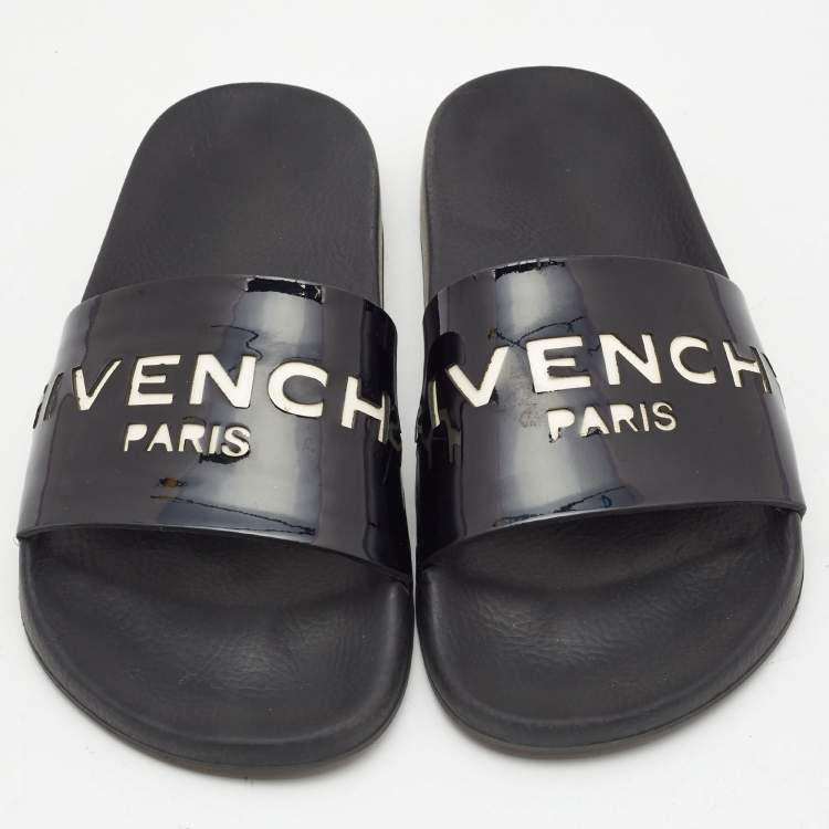 Pre Owned Givenchy Black Patent Leather Logo Cut Out Slides Size 36