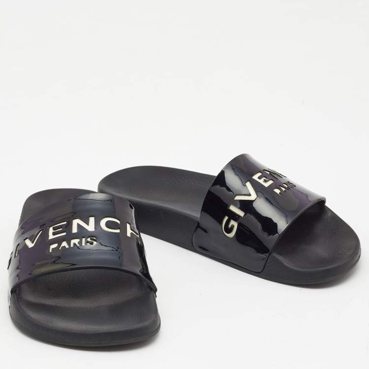 Pre Owned Givenchy Black Patent Leather Logo Cut Out Slides Size 36