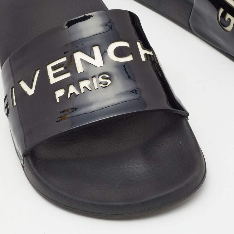 Pre Owned Givenchy Black Patent Leather Logo Cut Out Slides Size 36