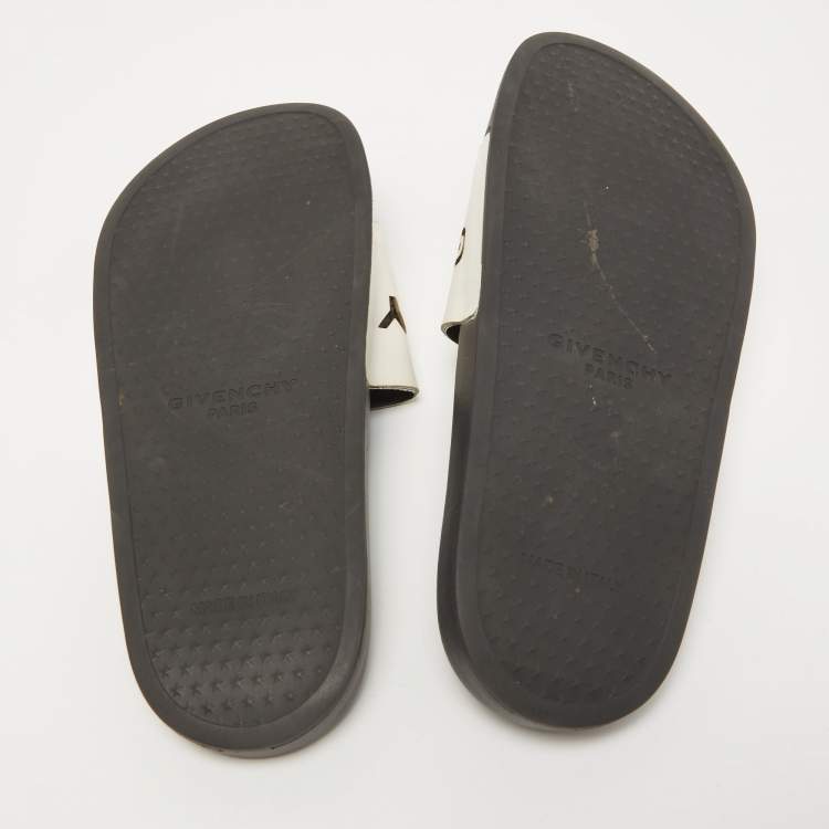 Pre Owned Givenchy White/Black Leather Laser Cut Logo Slides Size 36