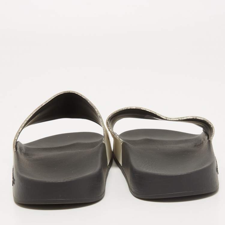 Pre Owned Givenchy White/Black Leather Laser Cut Logo Slides Size 36