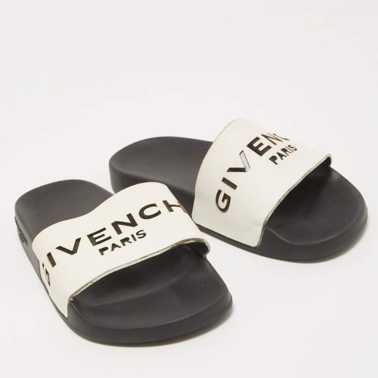 Pre Owned Givenchy White/Black Leather Laser Cut Logo Slides Size 36