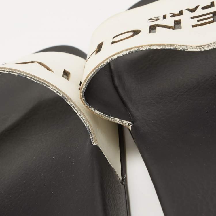 Pre Owned Givenchy White/Black Leather Laser Cut Logo Slides Size 36